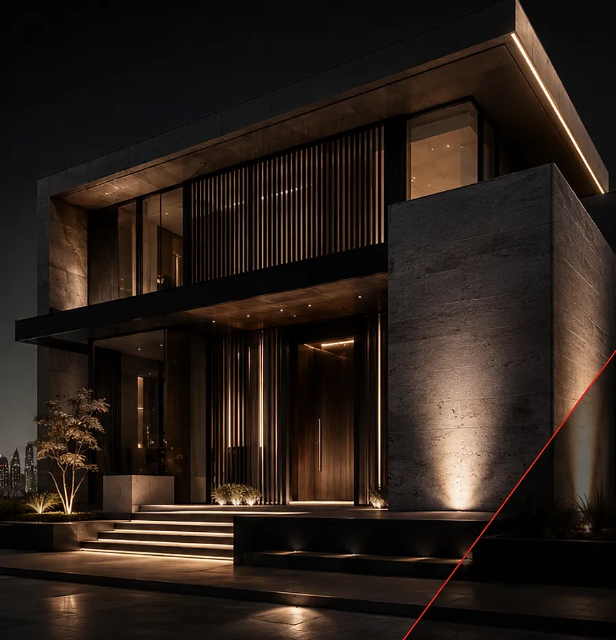 Modern dark-stone commercial building at night