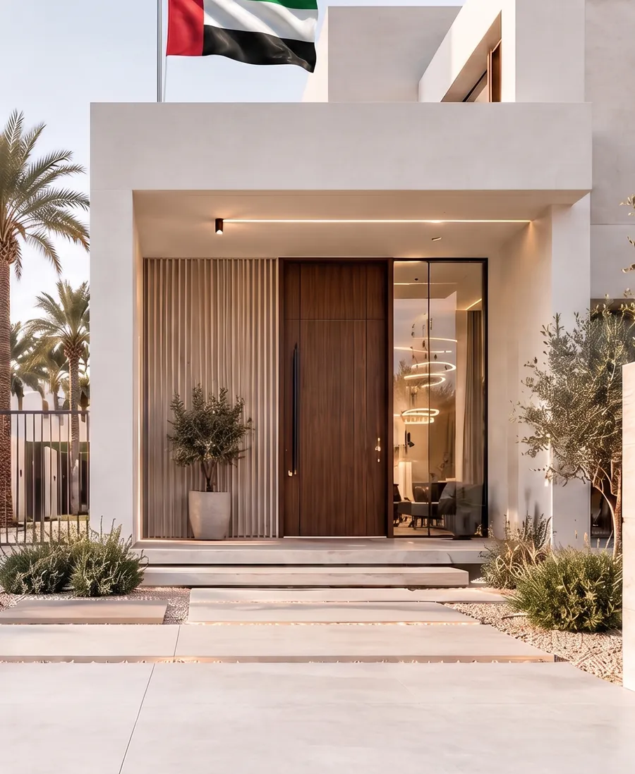 Daytime view of a modern villa entrance with warm stone finishes